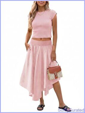 Womens 2 Piece Skirt Set Ribbed Crop Top Midi Dress Vacation Outfit with Pockets
